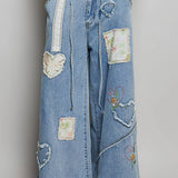 Waist Elastic Band Heart Floral Print Patch Wide Denim Pants: DENIM / L
