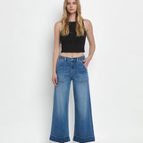 HIGH RISE DOUBLE CUFFED BAGGY WIDE JEANS V3589: ENVIABLY / 28