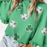 Green Sequin Clover Graphic Ruffled Trim Bell Sleeve St Patrick Blouse: Green / 100%Polyester / L