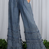 Flared Ruffle Hem Washed Chambray Crop Denim Pants VP83039: Washed Denim / L