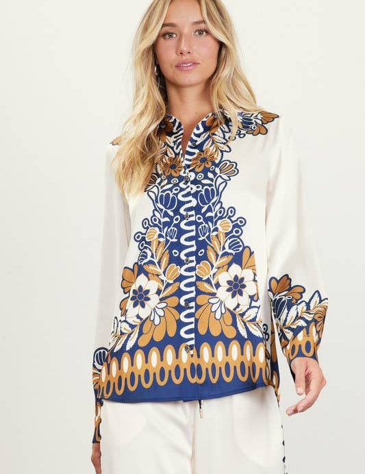 Printed Border-Print Long Sleeve Button-Down Blouse: Mustard-Navy / L