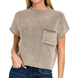.....1214 Washed Mock Neck Short Sleeve Cropped Sweater SI-26359: BLACK-168751 / L/XL