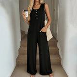 Spring Summer Casual Loose Strap Jumpsuit for Women: Black / 95% Polyester+5% Spandex / XL