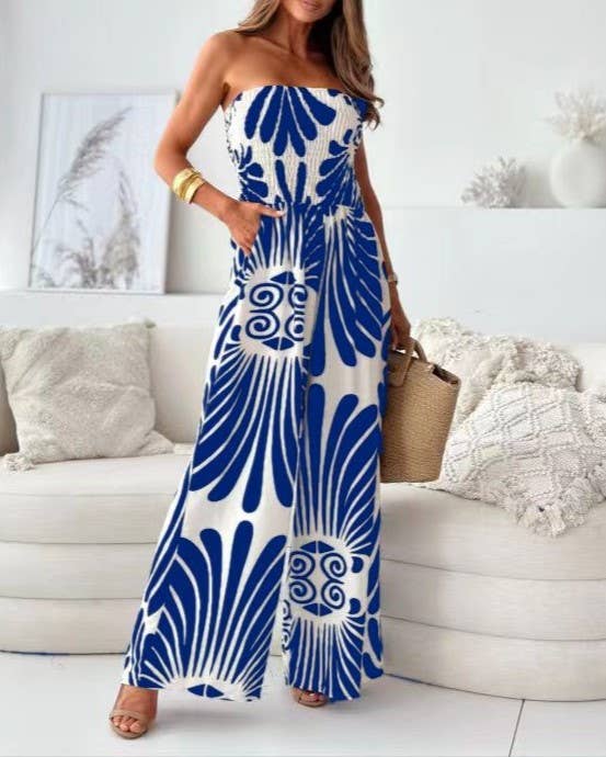Fashionable Print Bandeau Waist-Cinching Jumpsuit: Khaki / S