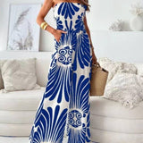 Fashionable Print Bandeau Waist-Cinching Jumpsuit: Khaki / L
