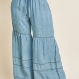 Plus Washed Denim Tiered Wide Leg Pants: Washed Chambray