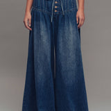 Pleated Wide-Leg Button Closure Pants