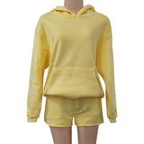 Basic pocket hoodie &  drawstring short set outfits