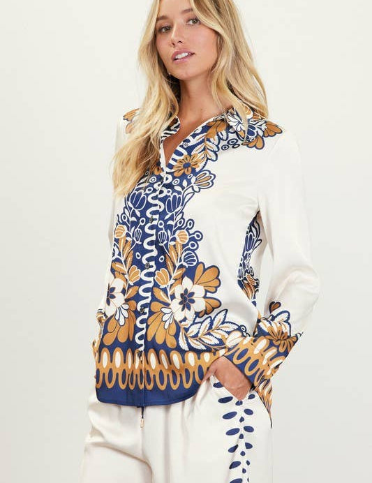 Printed Border-Print Long Sleeve Button-Down Blouse: Mustard-Navy / M