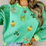 Bright Green Twisted Rib St Patricks Day Sequin Patch Graphic Long Sleeve Top: Bright Green / 75%Polyester+20%Viscose+5%Elastane / S