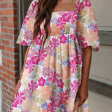 Women's Summer Floral Square Neck Puff Sleeve Babydoll Dress: Pink S
