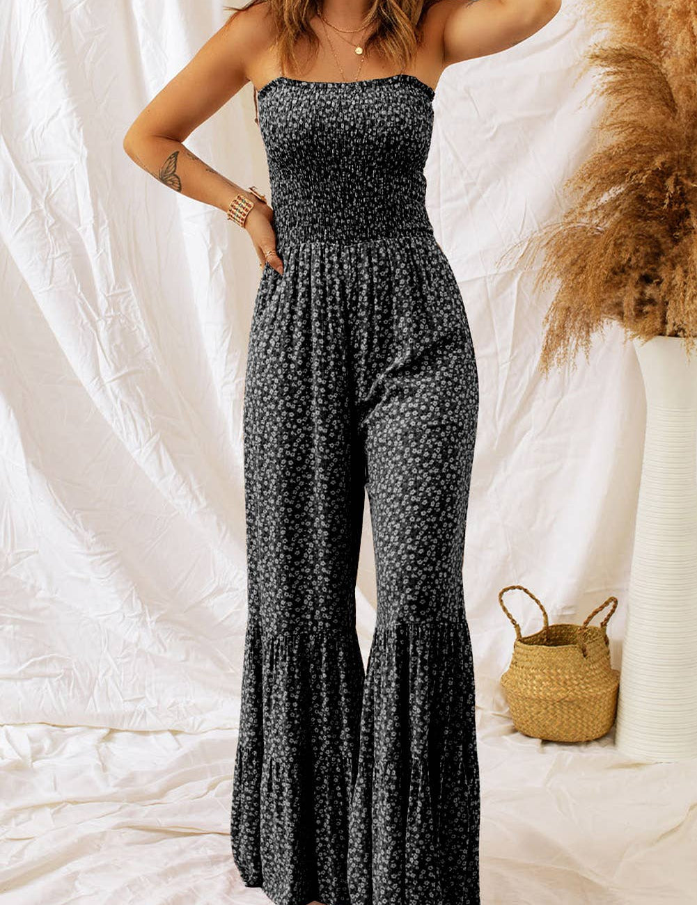 Straps Smocked Bodice Wide Leg Floral Jumpsuit: Black / S