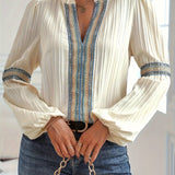 Balloon Sleeve Lace Panel V-Neck Shirt: OffWhite / S