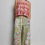 Drawstring Floral Patch Denim Pants