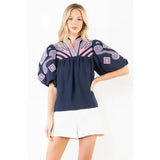 Puff Sleeve Embroidery Detail V-Neck Top