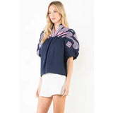 Puff Sleeve Embroidery Detail V-Neck Top