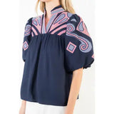 Puff Sleeve Embroidery Detail V-Neck Top